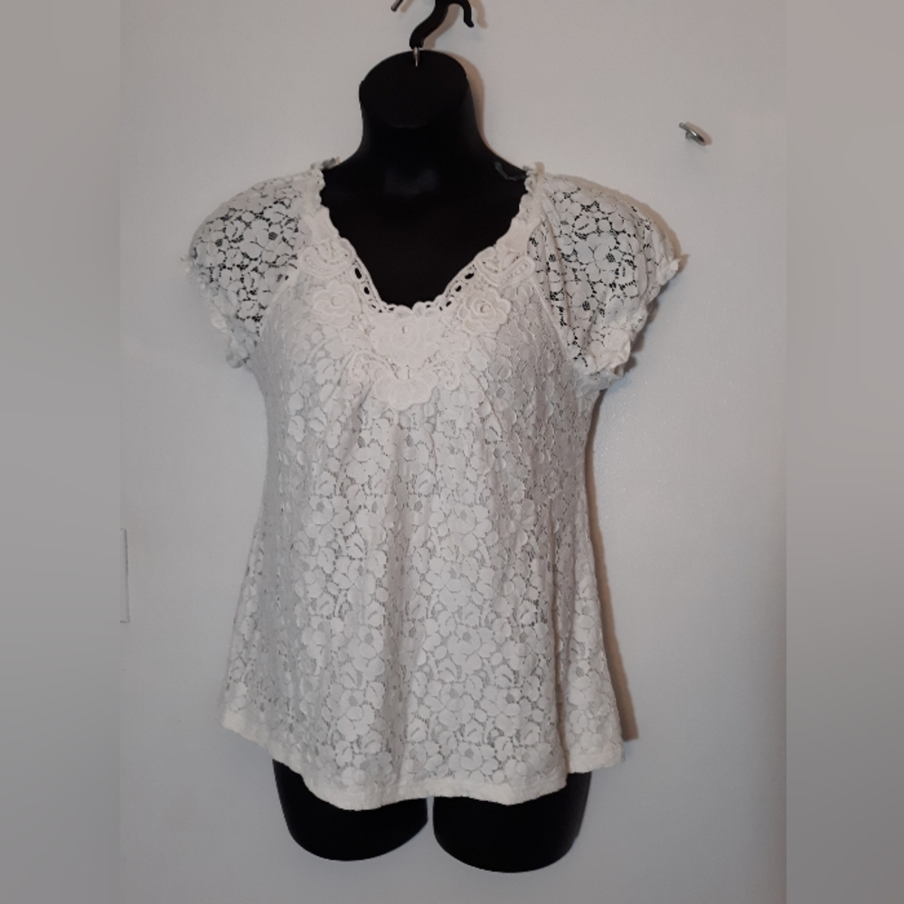 Style & Co. White Lace Short Sleeve Blouse